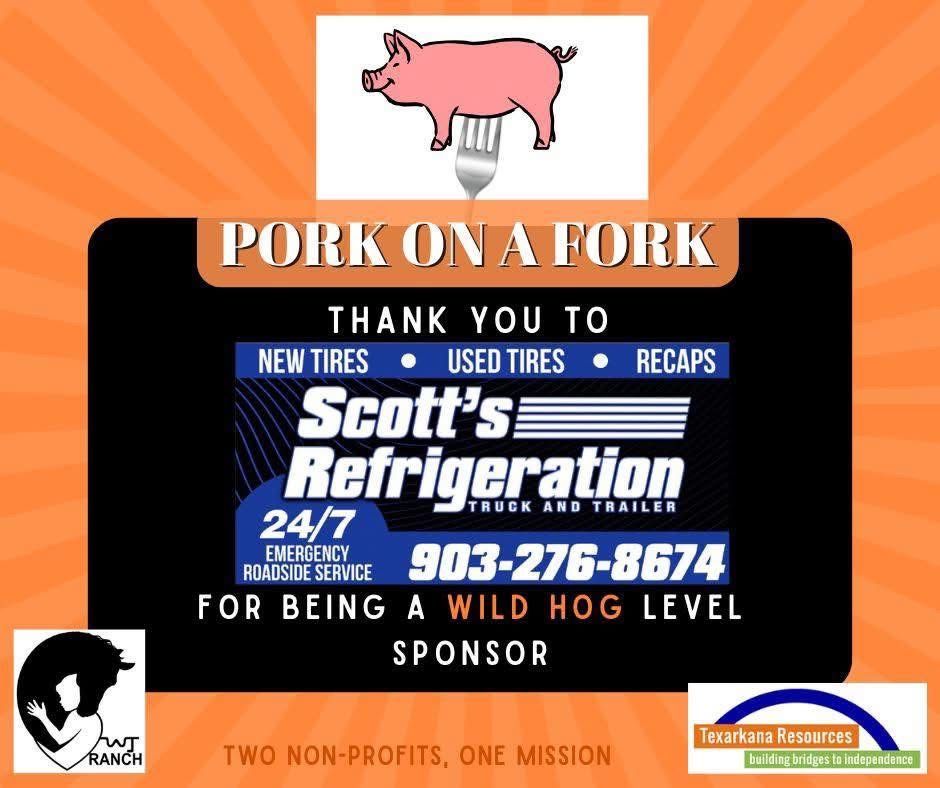 Orange “Pork on a Fork” sponsor graphic thanking Scott’s Refrigeration and other sponsors.