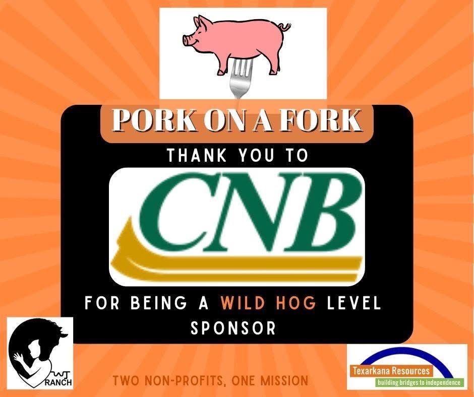 “Pork on a Fork” sponsor banner with pig graphic and CVB logo on orange background