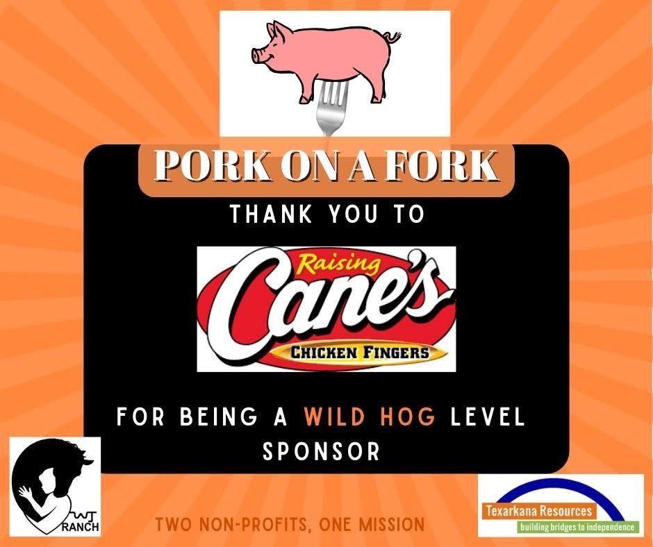 Pink pig above “Pork on a Fork” sponsor sign thanking Raising Cane’s for Wild Hog level support