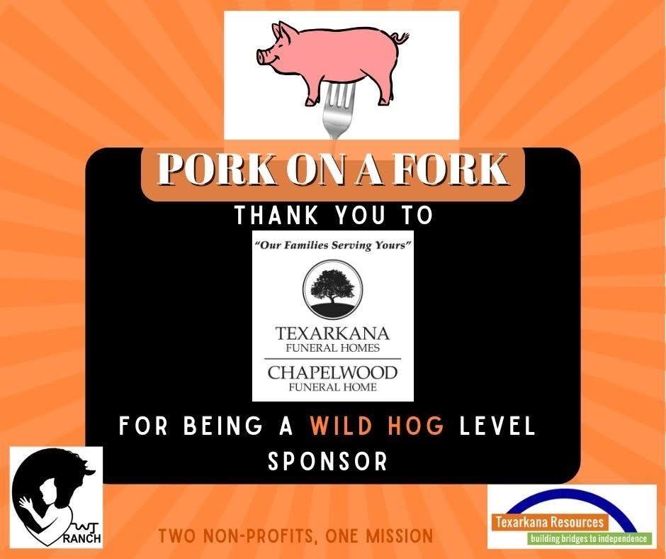 Orange sponsor poster with a pink pig and text thanking Texarkana Federal Credit Union and Chapelwood for wild hog support