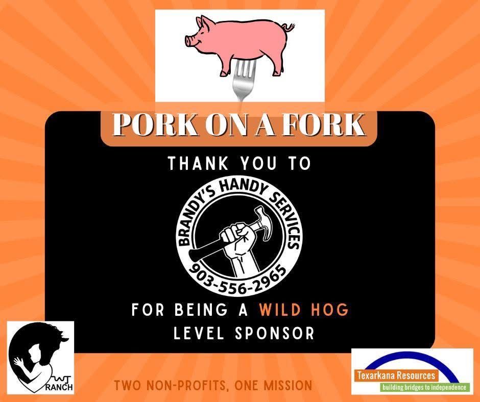 Pink pig above black “Pork on a Fork” sponsor sign with Randy’s Handy Services logo and small sponsor logos