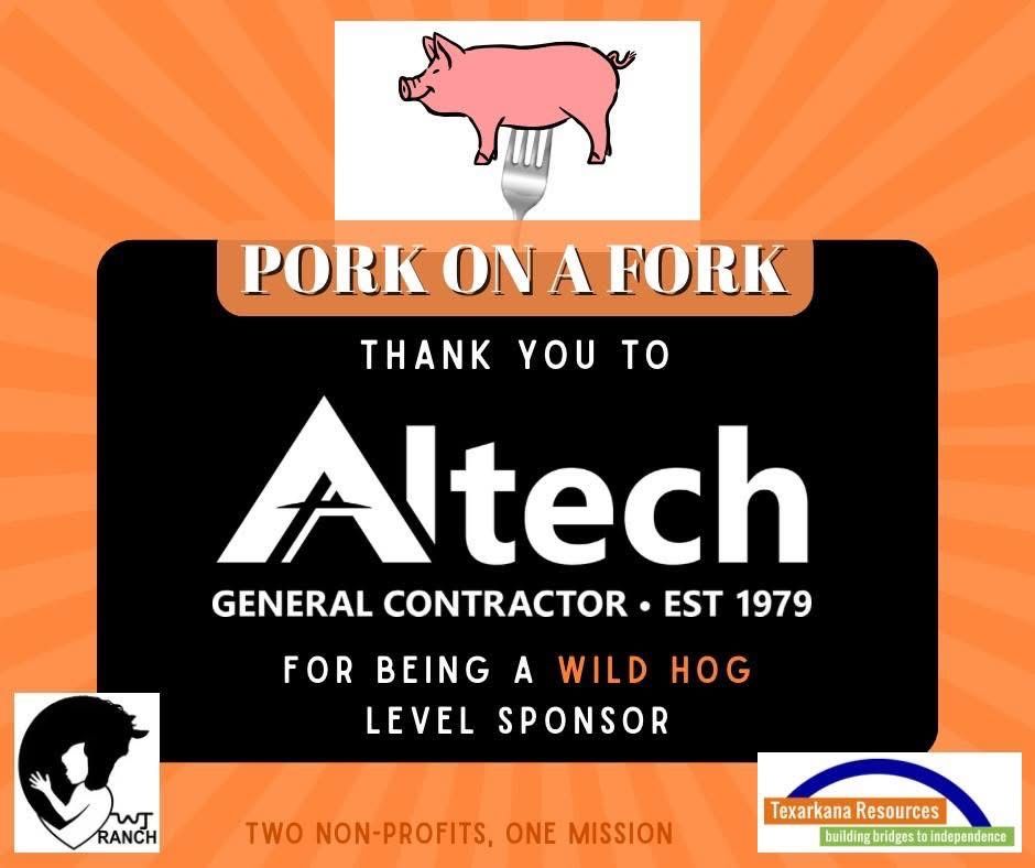 Pink pig on a fork above a black sponsor sign for “Pork on a Fork” thanking Altech.