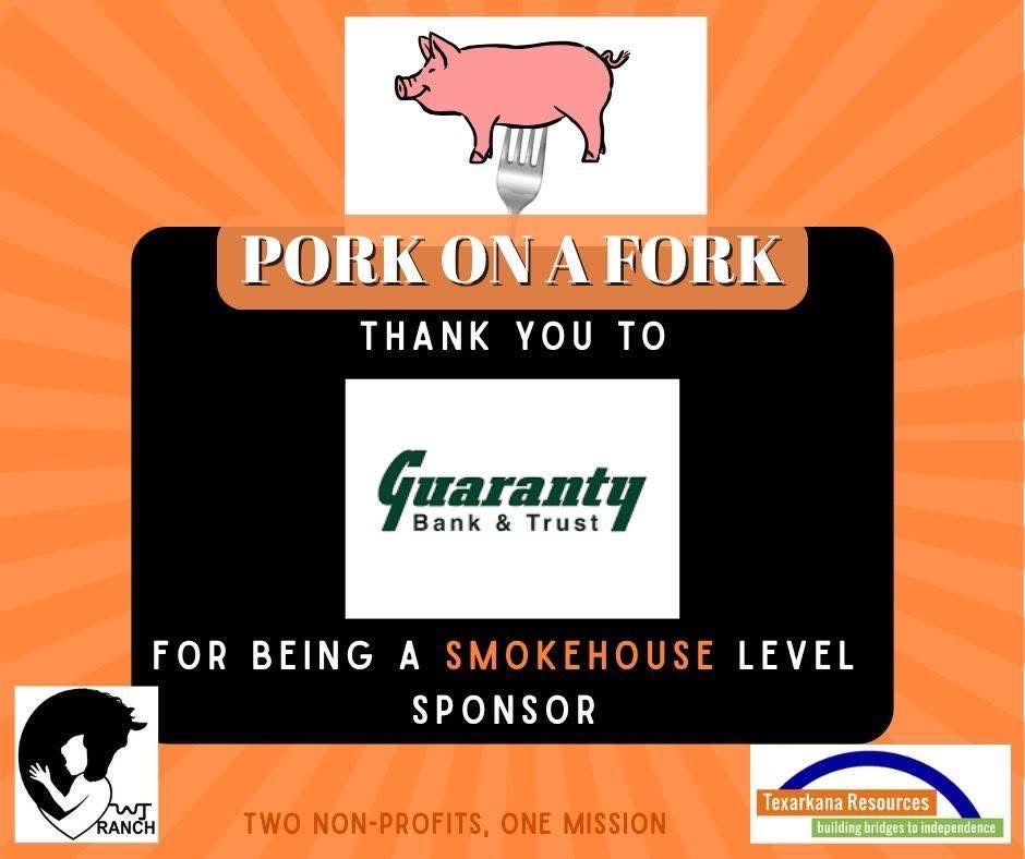 Pork on a Fork thank-you sponsor graphic with a pig logo and Guaranty Bank & Trust on orange background