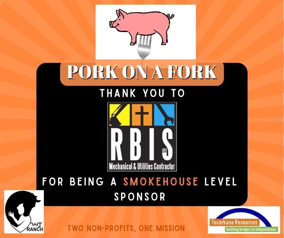 Pink pig above sponsor thank-you graphic for Pork on a Fork and RBIS, on orange background