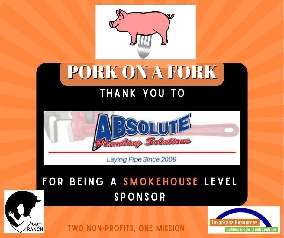 Pink pig logo above “Pork on a Fork” thank-you sponsor poster with Absolute Restoration and other sponsor logos