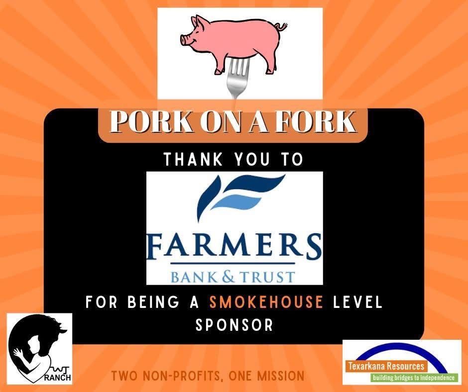 Pork on a Fork sponsor banner with farmer logo, orange background, and sponsor names