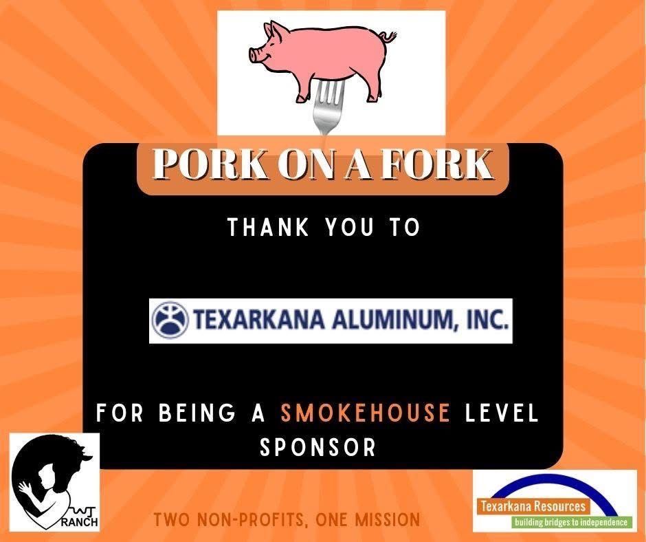 Pink pig logo above “Pork on a Fork” thank-you sponsor sign for Texarkana Aluminum, Inc.