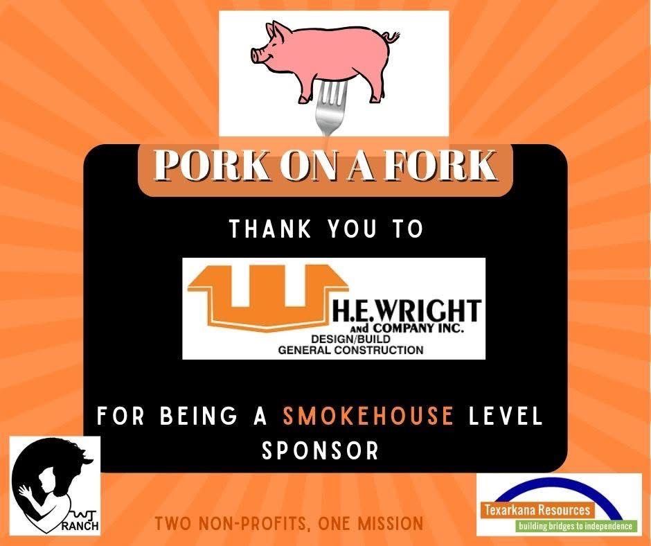 Pink pig over “Pork on a Fork” sponsor thank-you banner on orange background
