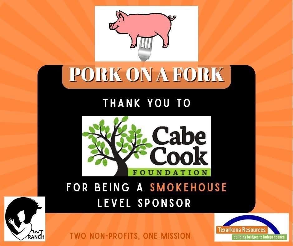 Orange sponsor poster for Pork on a Fork, thanking Cabe Cook Foundation for being a smokehouse level sponsor