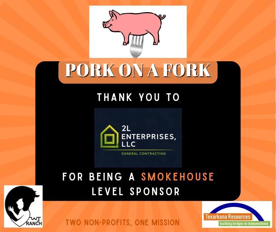 Orange promo poster with pig graphic, “Pork on a Fork” title, and sponsor thank-you message.