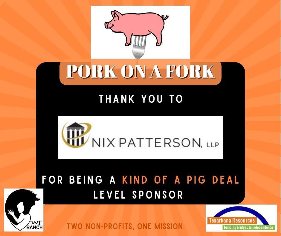 Pink pig above “Pork on a Fork” thank-you sponsor sign for Nix Patterson, LLP, with nonprofit logos on black background