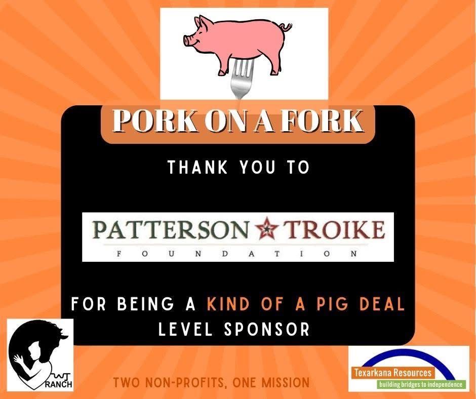 Pink pig logo for Pork on a Fork fundraiser, thanking Patterson Troike Foundation for sponsoring