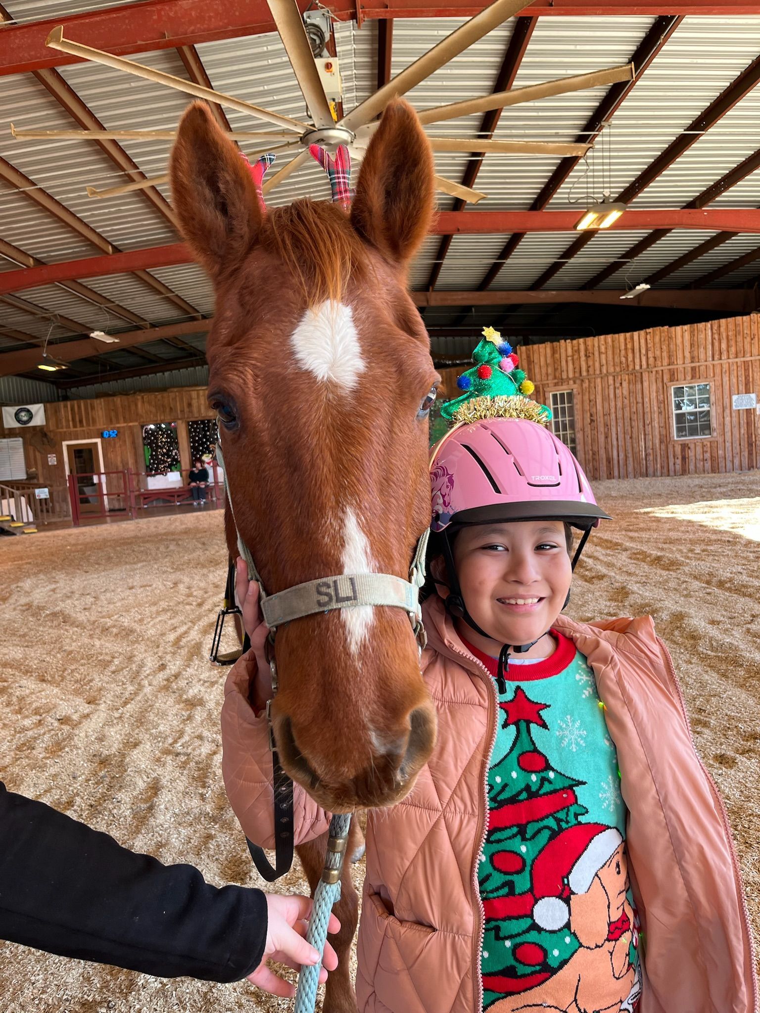 Smiling child in a pink helmet sits beside a brown horse in a barn.