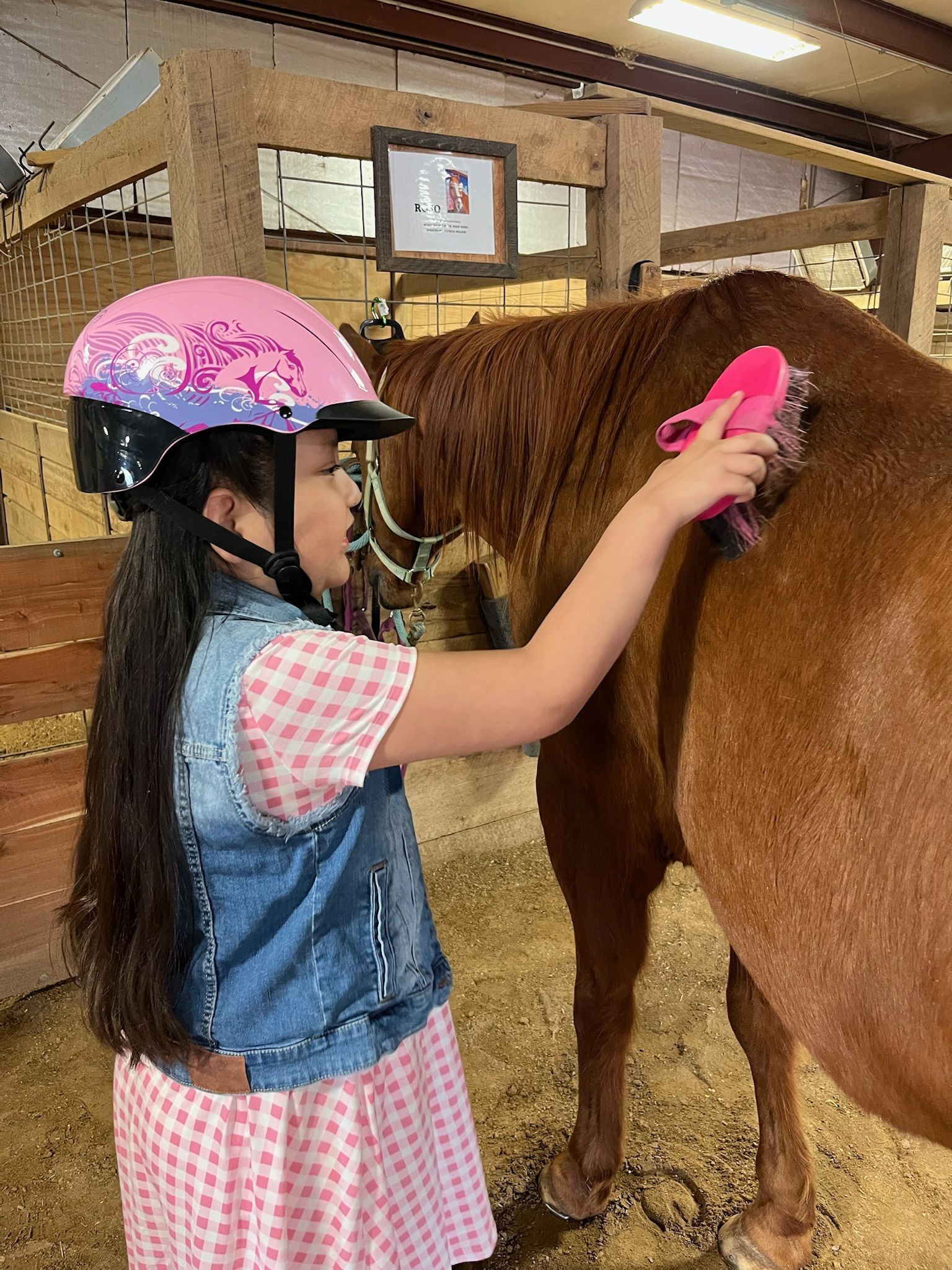Child in helmet brushes a brown horse in a stable.