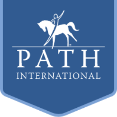 PATH International logo on a blue shield, with a white horse and rider above the text