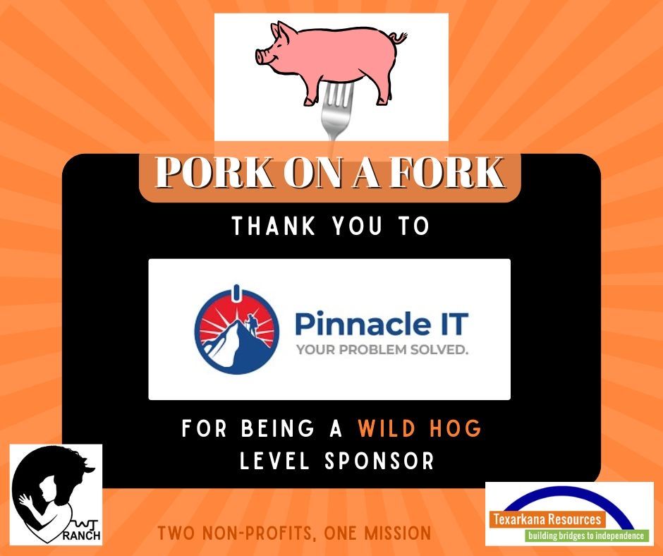 Pork on a Fork thank-you sponsor graphic with Pinnacle IT logo and wild hog level sponsor text