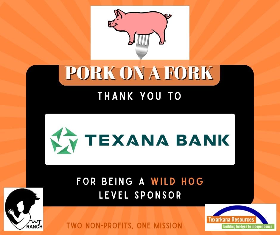 Pork on a Fork sponsor banner thanking Texana Bank, with pink pig logo on orange background