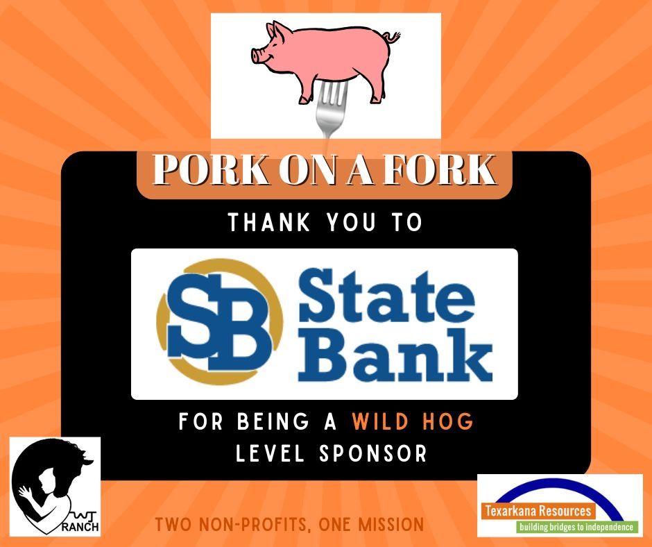 Pork on a Fork sponsor sign thanking State Bank, with a pig illustration and logos on a black background