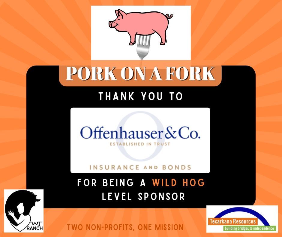 Pink pig logo over “Pork on a Fork” sponsor sign with Offenhauser & Co. and other sponsor logos