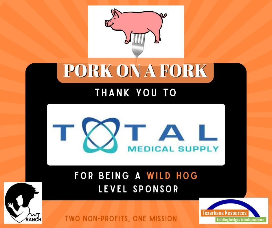Pink pig logo above “Pork on a Fork” thank-you ad for Total Medical Supply, wild hog sponsor.