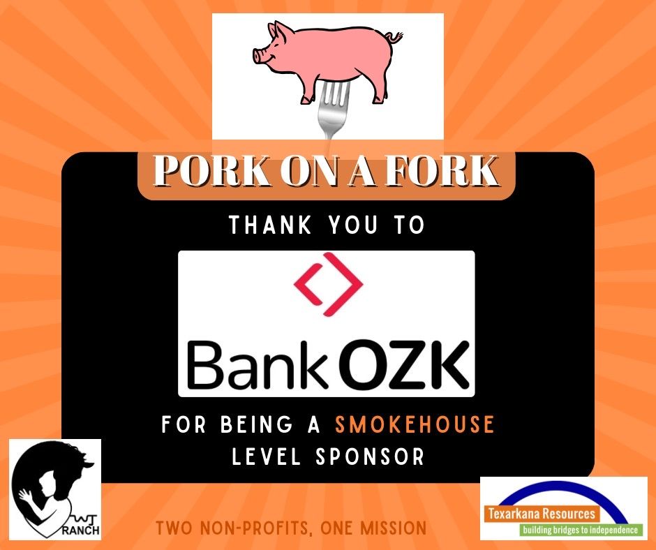Pork on a Fork sponsor banner with Bank OZK logo on black and orange background