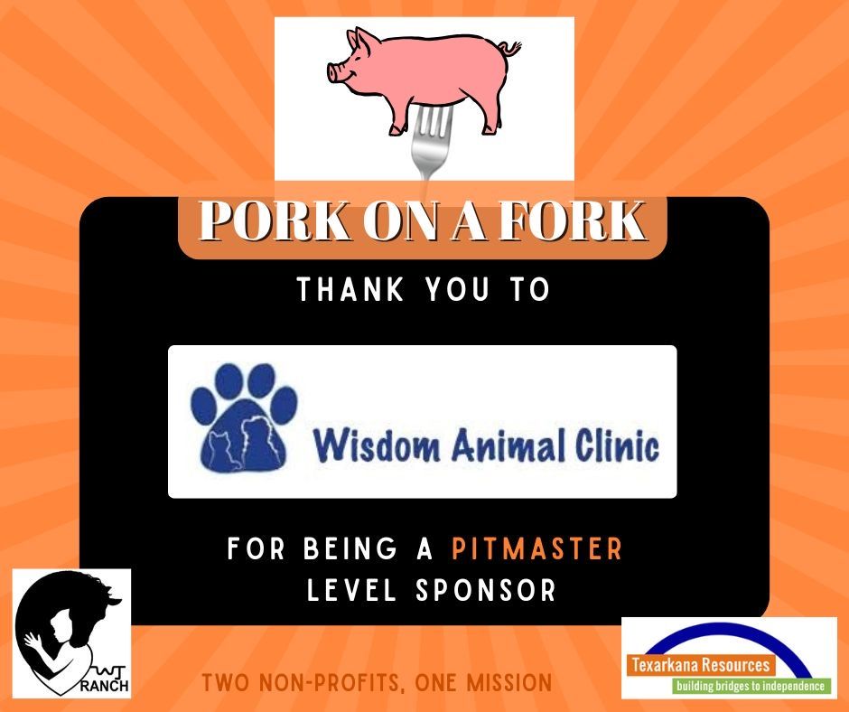 Pork on a Fork sponsor banner thanking Wisdom Animal Clinic, with pig logo on orange and black background