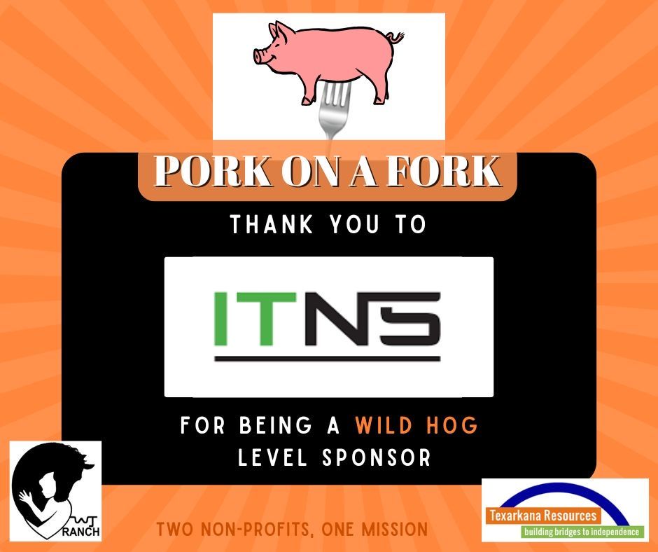 Sponsor slide for Pork on a Fork, thanking ITNS for being a Wild Hog level sponsor on orange background