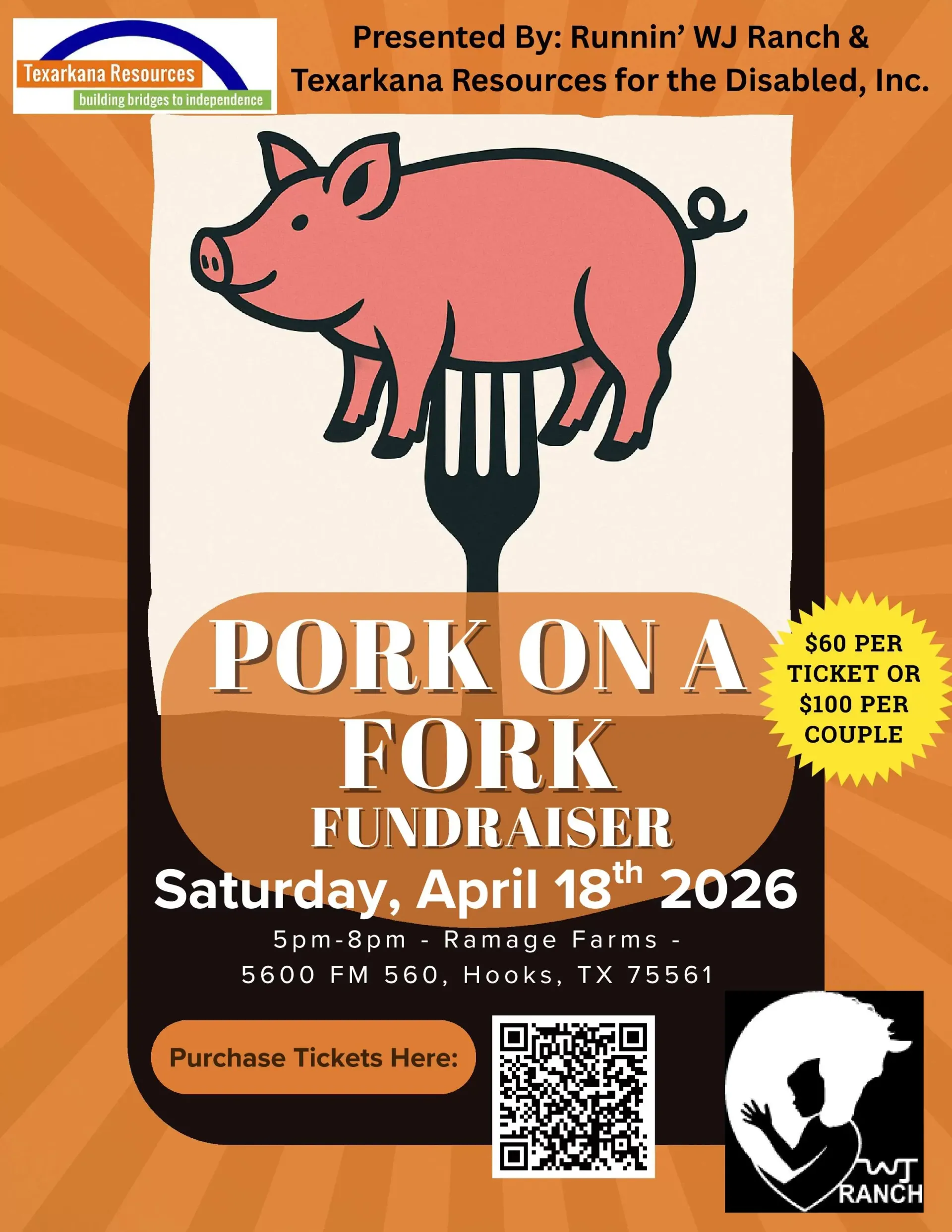 Pink pig on a fork for a “Pork on a Fork” fundraiser poster with April 2026 event details and QR code