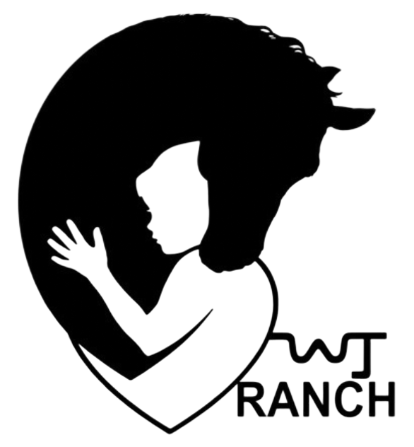 Black logo of a woman hugging a horse, with the text “WJT RANCH” below