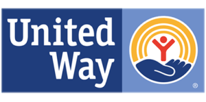 United Way logo in blue and white with orange and red hands and figure icon