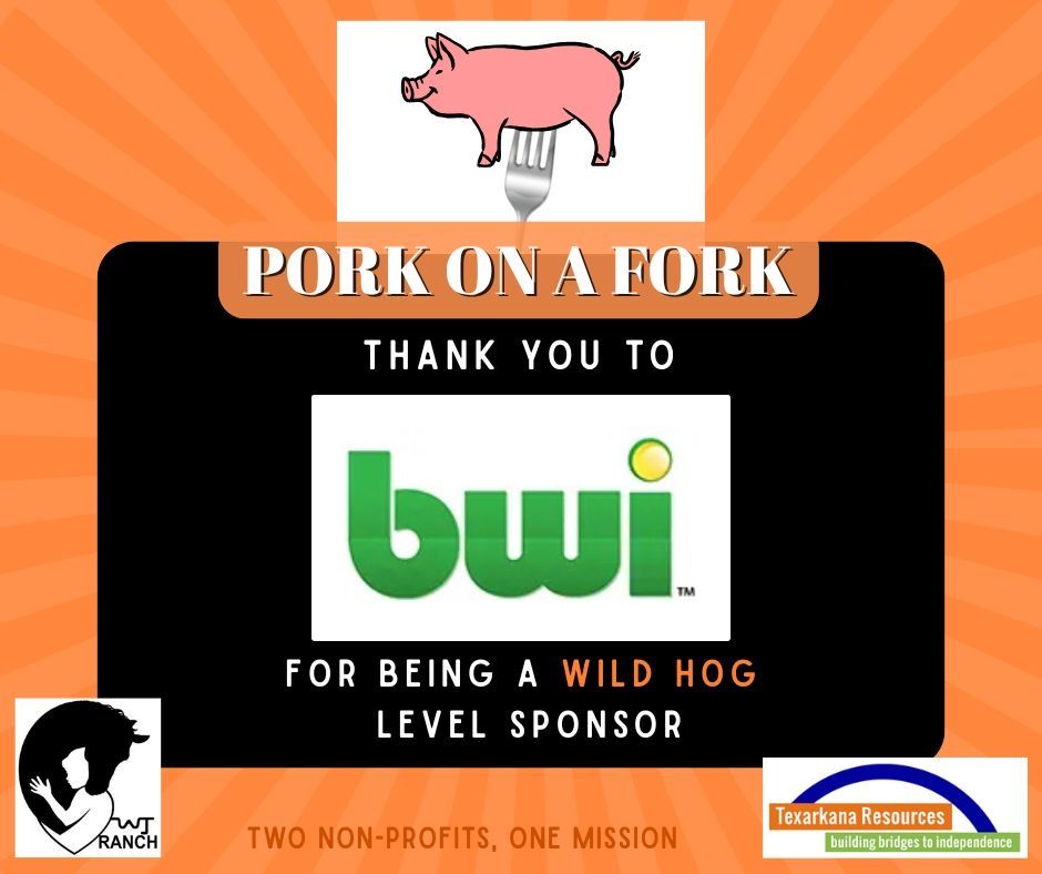Pork on a Fork sponsor thank-you graphic with pink pig, BWI logo, and black banner on orange background