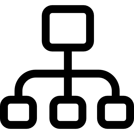 Organizational chart: a central square connected by lines to three bottom squares.
