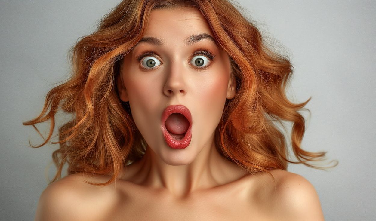 Eine Frau mit roten Haaren macht ein überraschtes Gesicht mit offenem Mund.