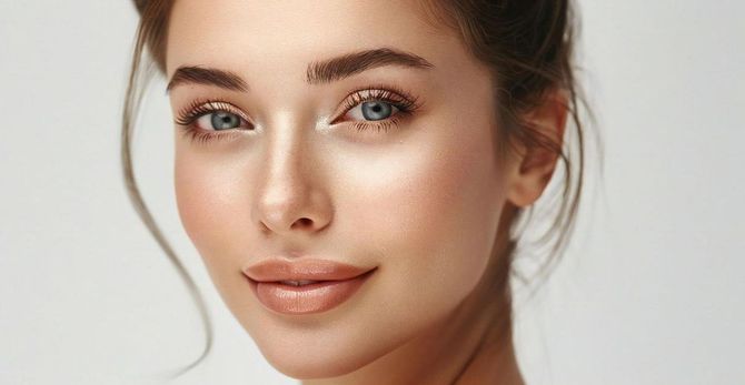 Eine Nahaufnahme des Gesichts einer Frau mit blauen Augen auf einem rosa Hintergrund.