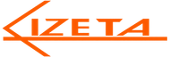 Logo arancione "IZETA" con una linea stilizzata a forma di freccia che si estende a sinistra e a destra su sfondo bianco.