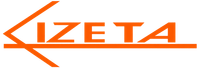 Logo arancione "IZETA" con una linea stilizzata a forma di freccia che si estende a sinistra e a destra su sfondo bianco.