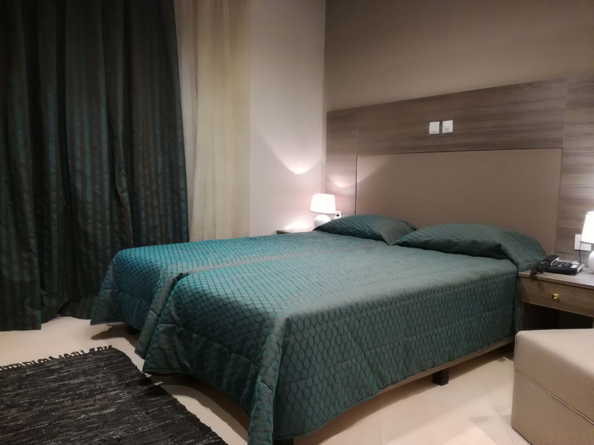 A hotel room with two beds and a rug