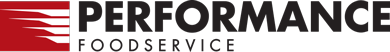 A red and white logo for performance foodservice
