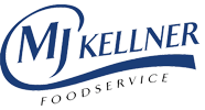 The logo for mj kellner foodservice is blue and white.