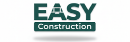 Logo for EASY Construction, dark green text on white. The "A" in "EASY" has a building design.