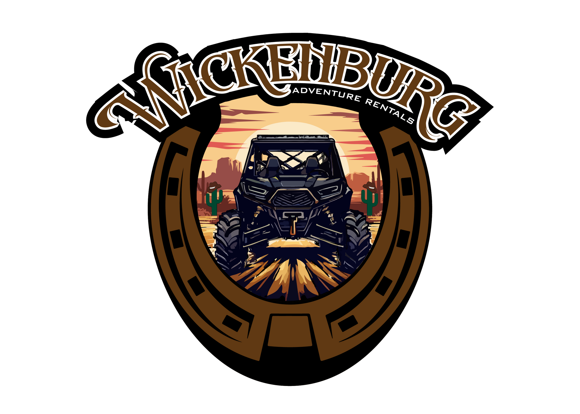 A logo for wickenburg with a horseshoe and a jeep in the middle.