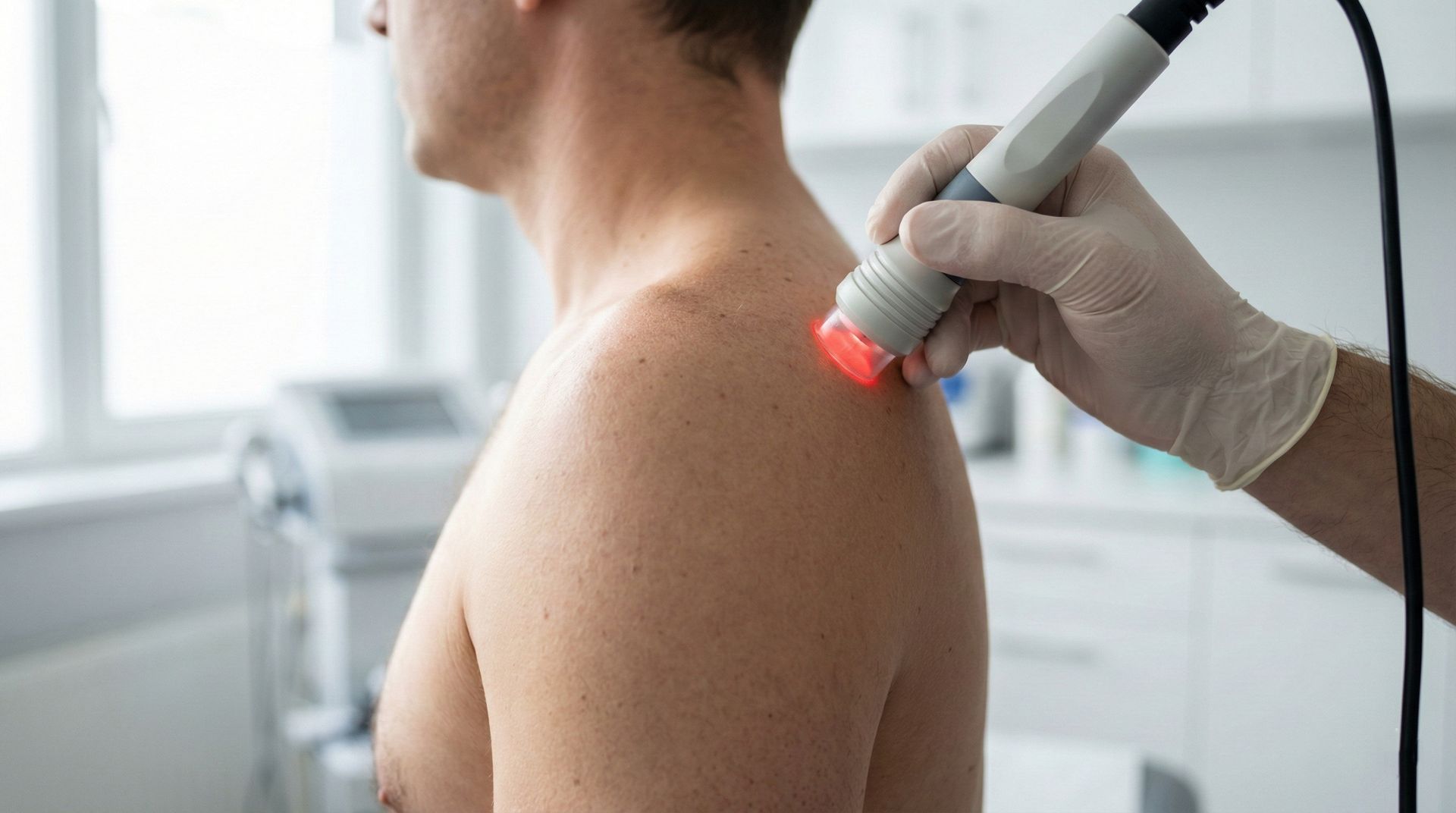 A healthcare professional in a glove uses a handheld laser device to treat a patient's shoulder in a clinical setting.