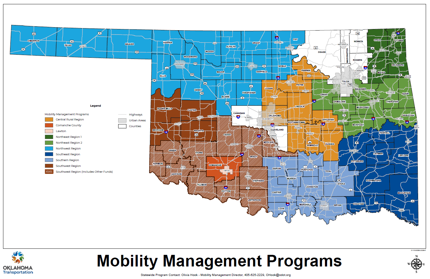Map of oklahoma counties with service areas of mobiltiy management programs colored in. 
