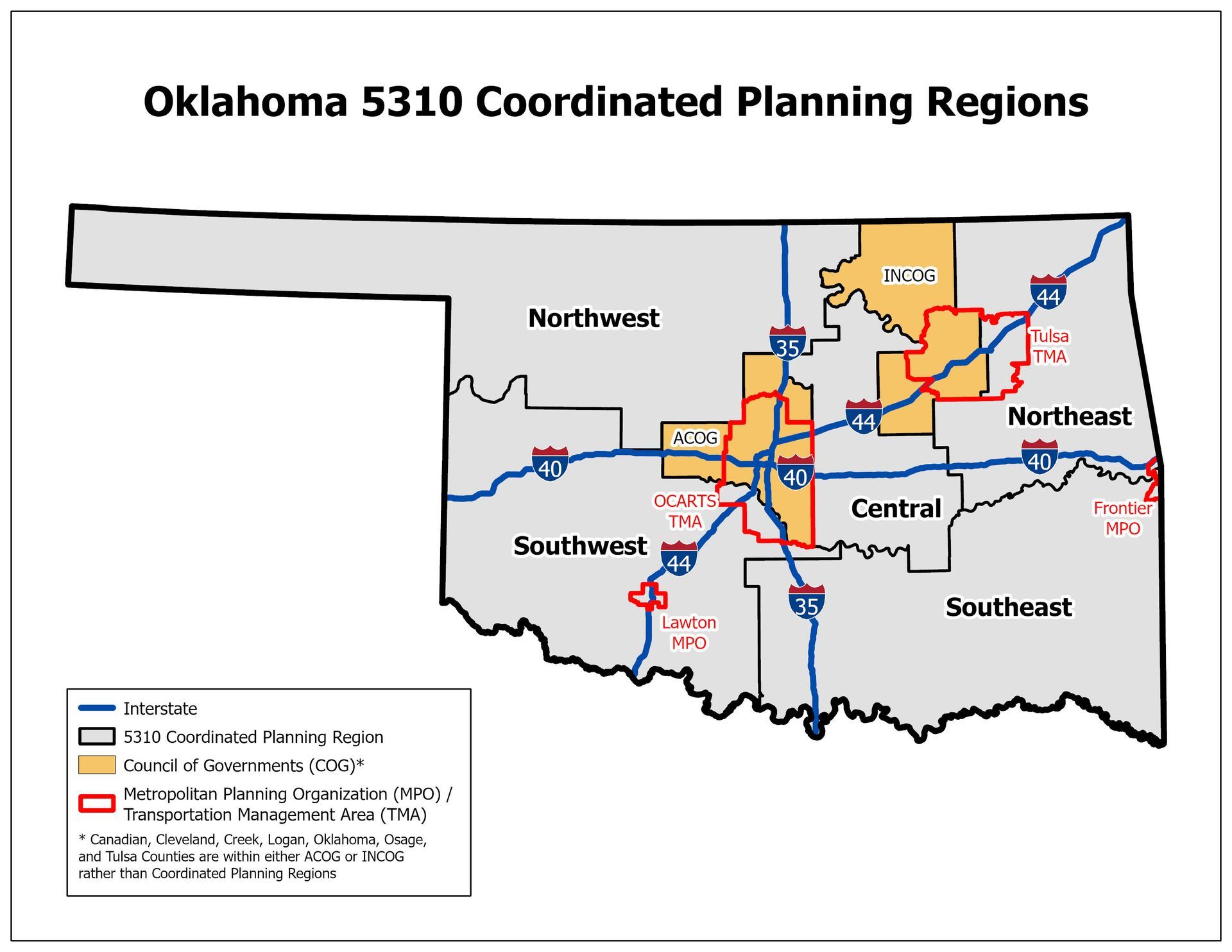 Map of the Oklahoma planning regions with Oklahoma dividided into five areas in addition to the two urban areas.