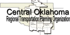 logo of the central oklahoma regional transportation planning orginaztion that includes the state shape of oklahoma and the counties in the region highlighted to show the location of that agency.