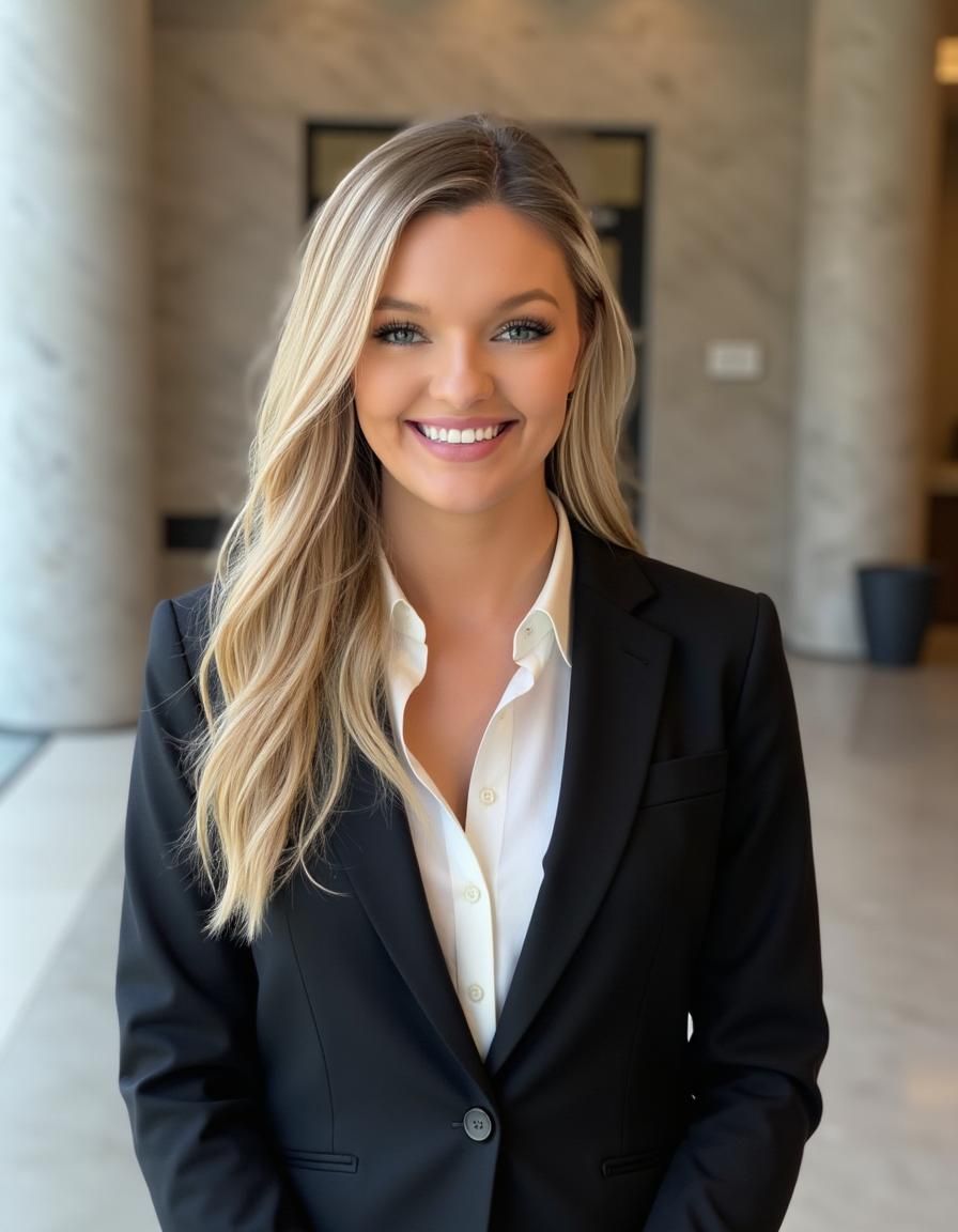 white female with blonde hair in a blazer jacket smiling at the camera