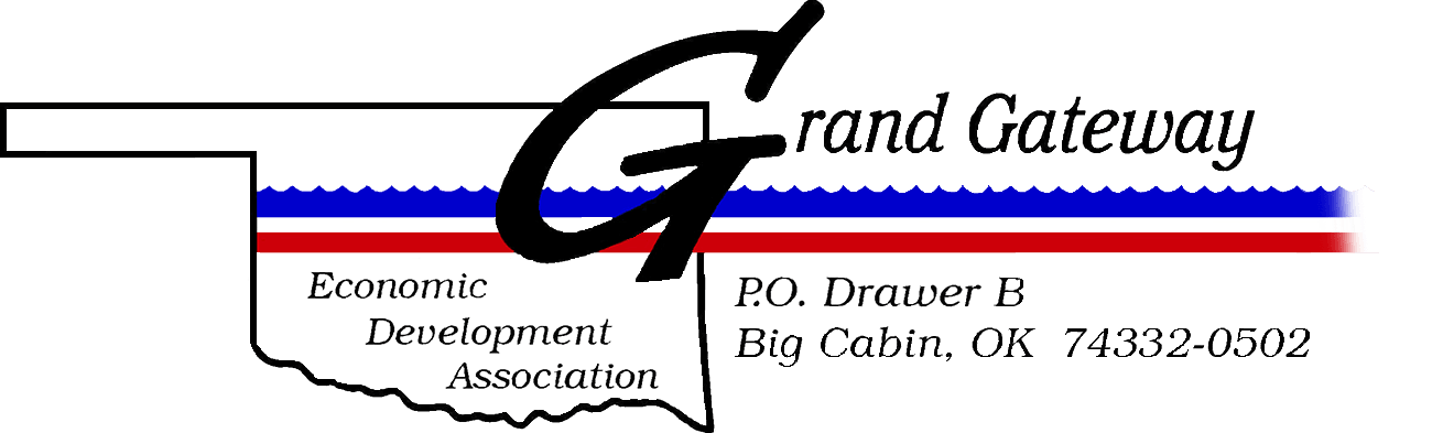 logo of the Grand Gateway regional transportation planning orginaztion that includes the state shape of oklahoma and a few stripes in red and blue with company address information.