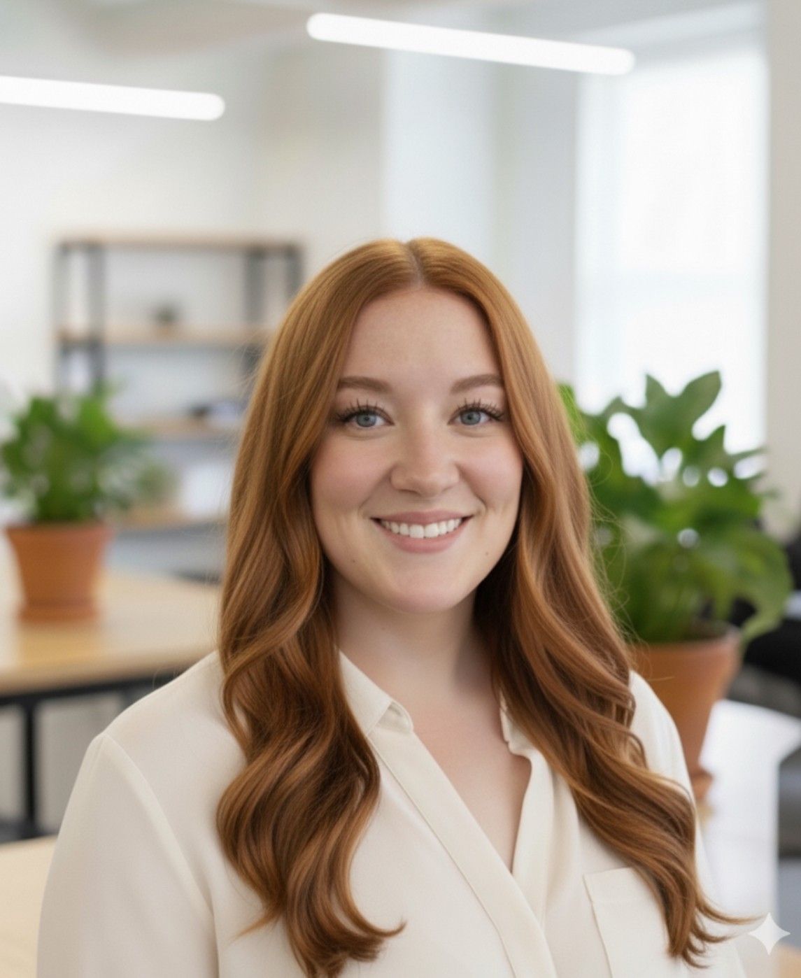 white female with red hair  smiling at the camera