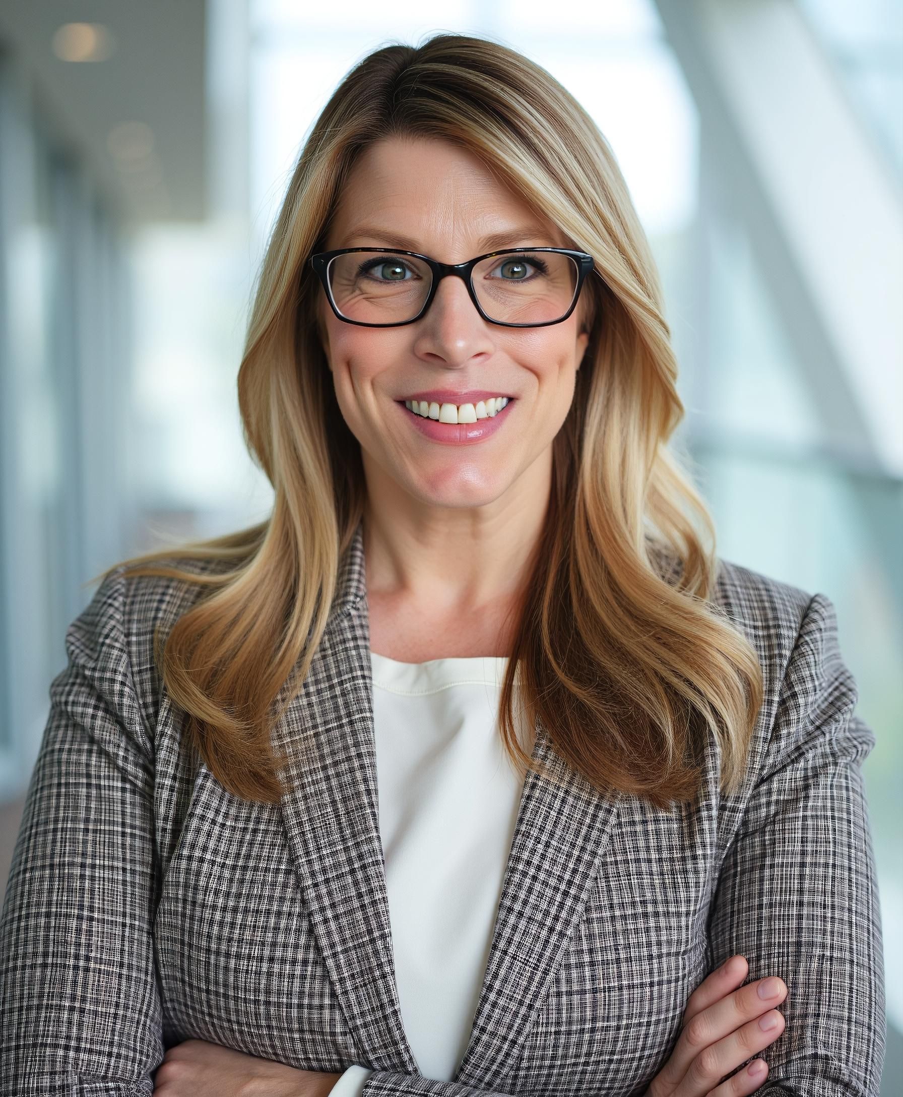 white female with blonde hair in a blazer jacket smiling at the camera