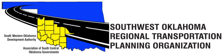 logo of the southwest oklahoma regional transportation planning orginaztion that includes the state shape of oklahoma and the counties in the region highlighted to show the location of that agency.